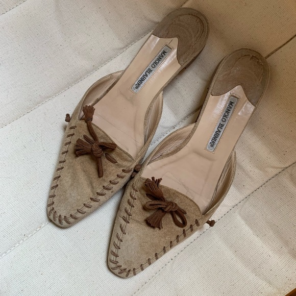 Manolo Blahnik Shoes - Manolo Blahnik Suede Tassel Slip On Mules